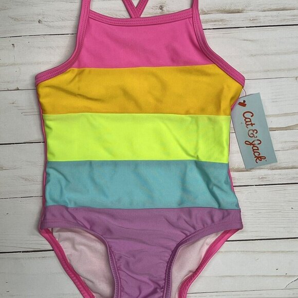 NWT Cat & Jack Toddler Girl One Piece Swimsuit Swimwear 2T Rainbow - Picture 1 of 2